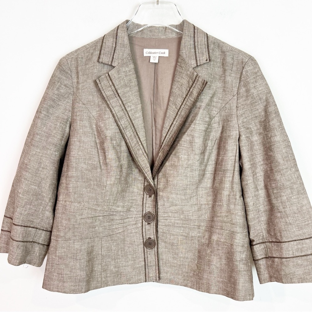 COLDWATER CREEK LINEN BLEND BROWN 3/4 SLEEVE BLAZER JACKET WOMENS SZ 12